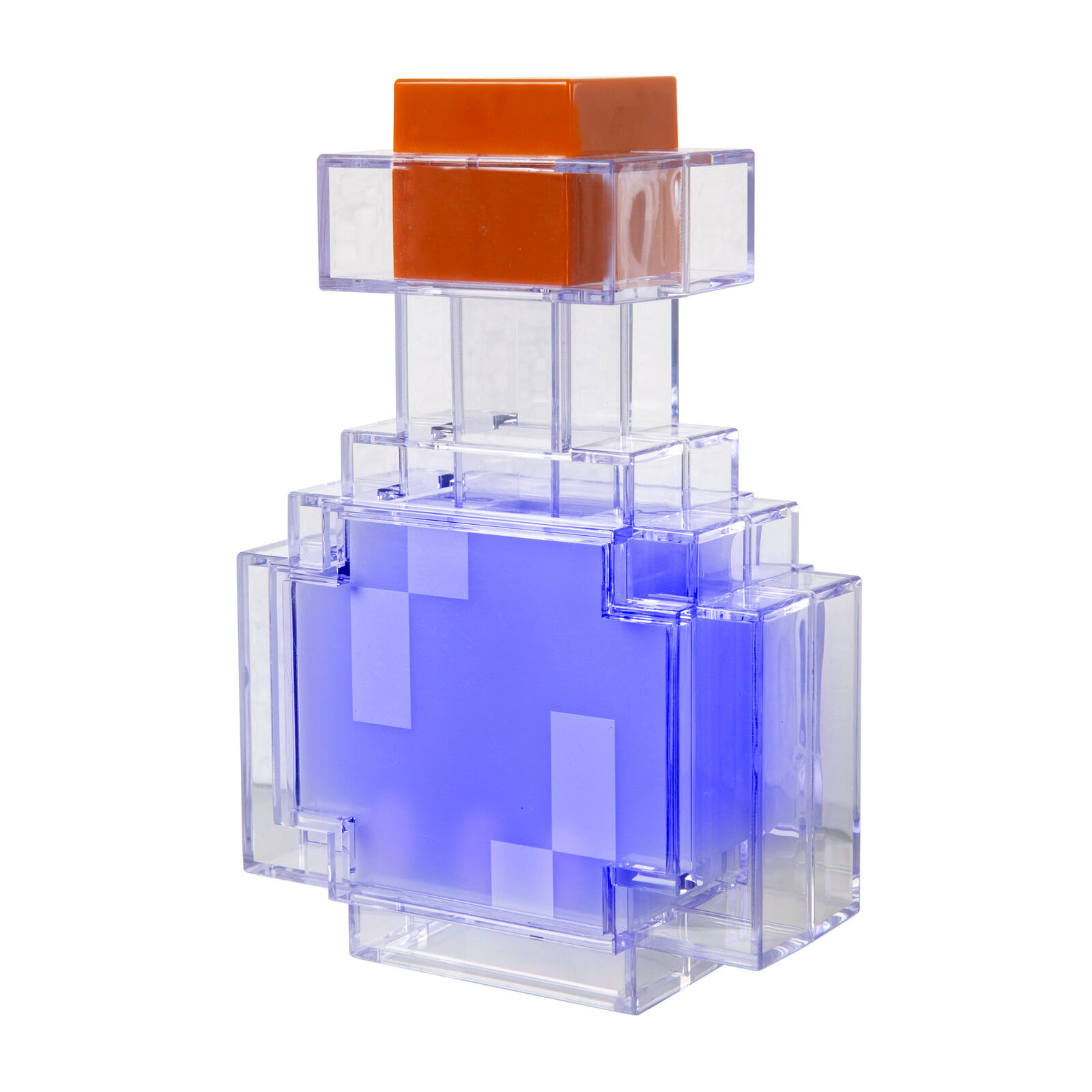 Transparenter, pixelartiger Parfümflakon aus klarem Kunststoff mit blauem Inhalt und orangefarbenem Deckel, frontal leicht von oben fotografiert vor weißem Hintergrund