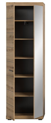 Garderobenschrank aus Holz mit Spiegel, offene Tür, seitliche Perspektive