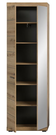 Garderobenschrank aus Holz mit Spiegel, offene Tür, seitliche Perspektive