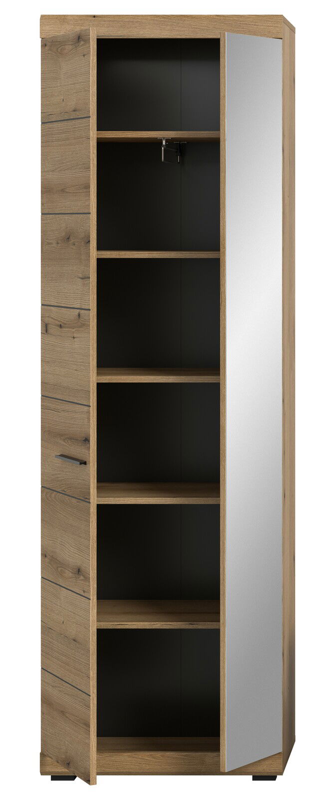 Garderobenschrank aus Holz mit Spiegel, offene Tür, seitliche Perspektive