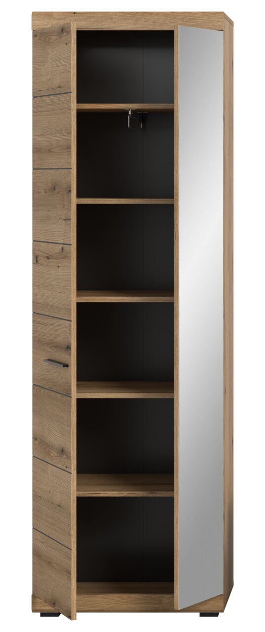Garderobenschrank aus Holz mit Spiegel, offene Tür, seitliche Perspektive