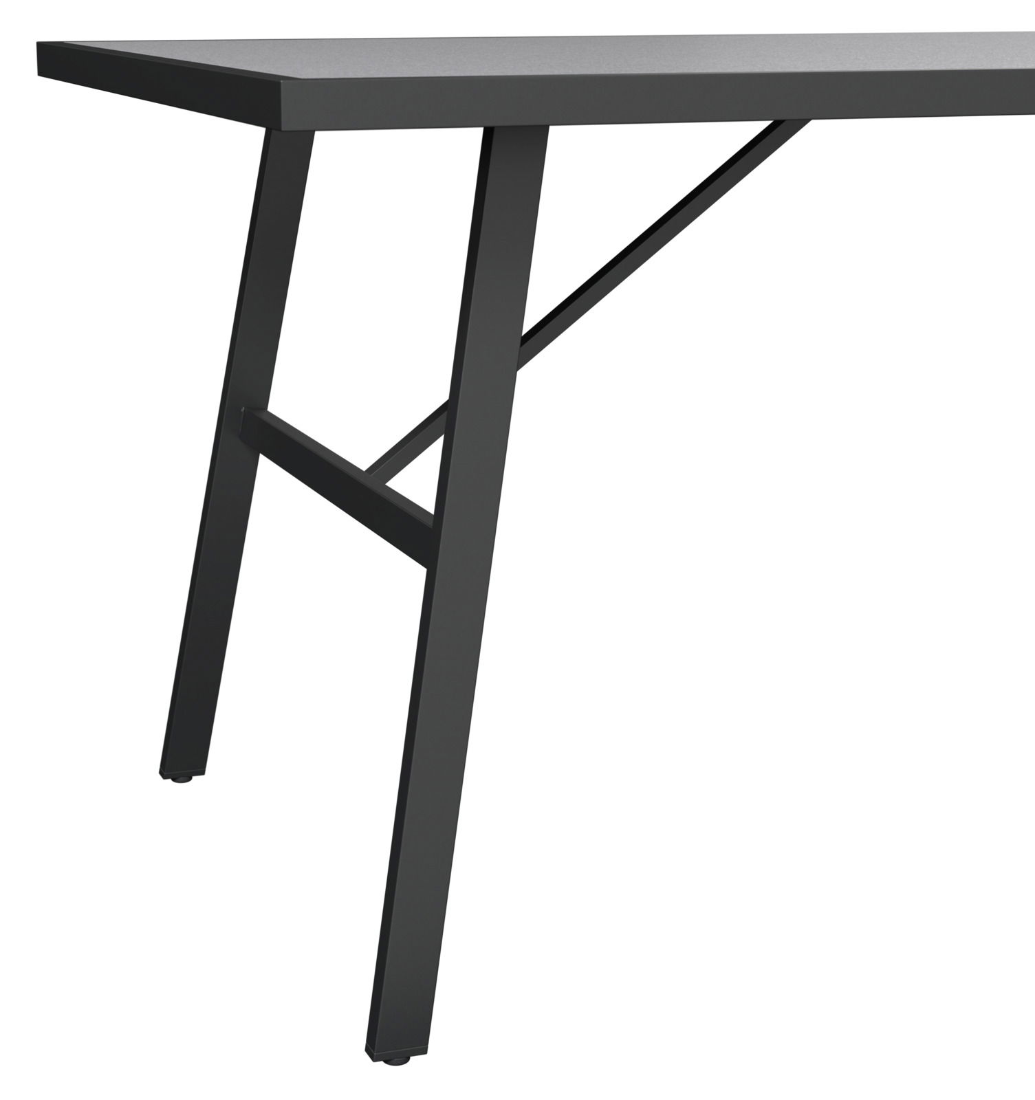 Nahaufnahme eines Tischbeins aus Metall mit modernem Design, seitliche Perspektive