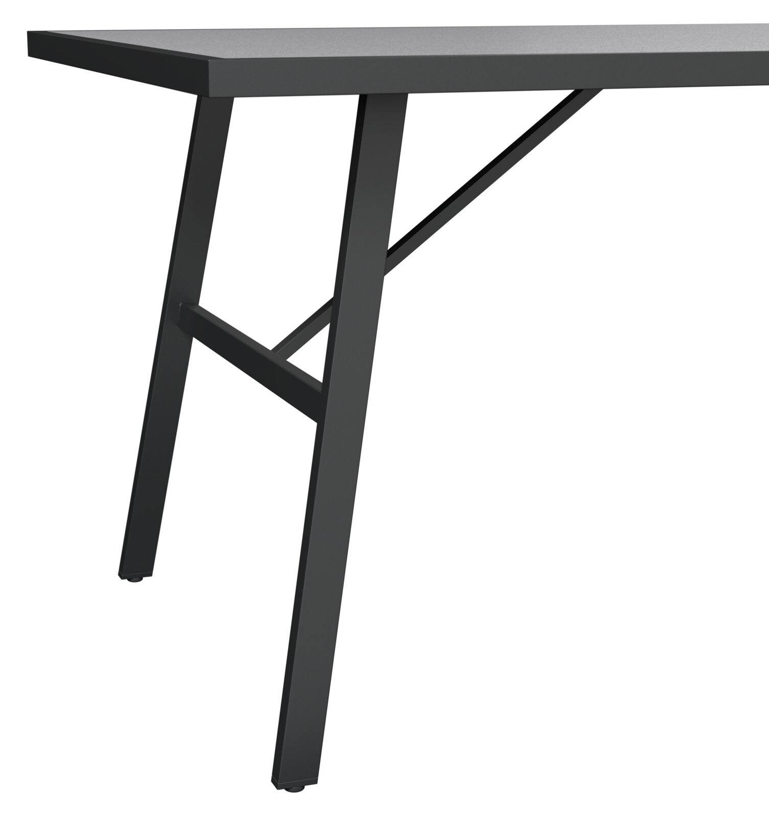 Nahaufnahme eines Tischbeins aus Metall mit modernem Design, seitliche Perspektive