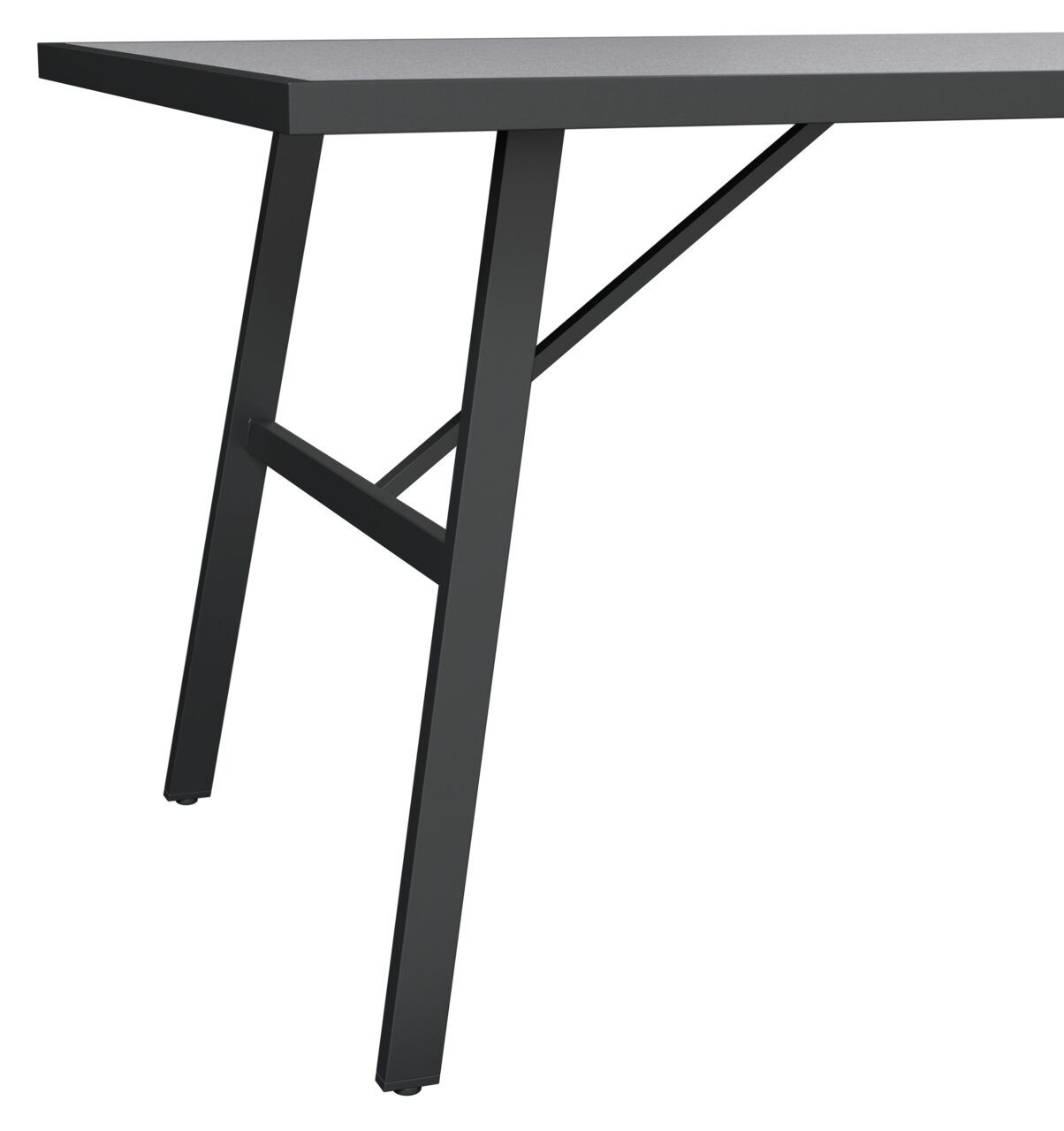 Nahaufnahme eines Tischbeins aus Metall mit modernem Design, seitliche Perspektive