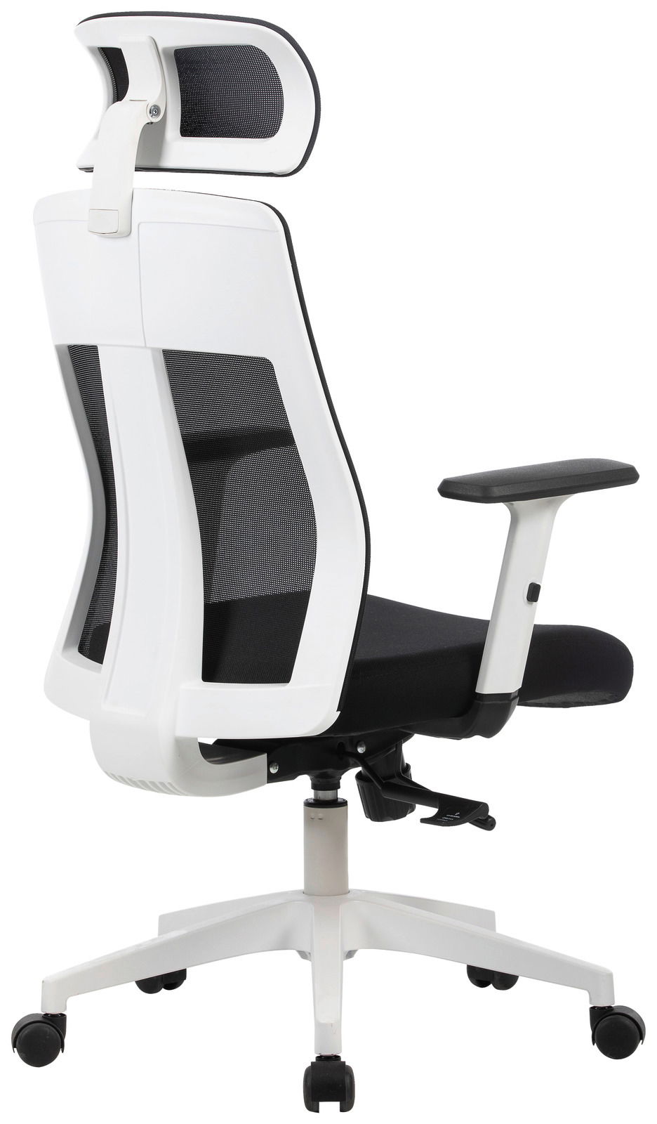 Moderner Drehstuhl mit weißem Rahmen und schwarzer Netzrückenlehne, seitliche Ansicht