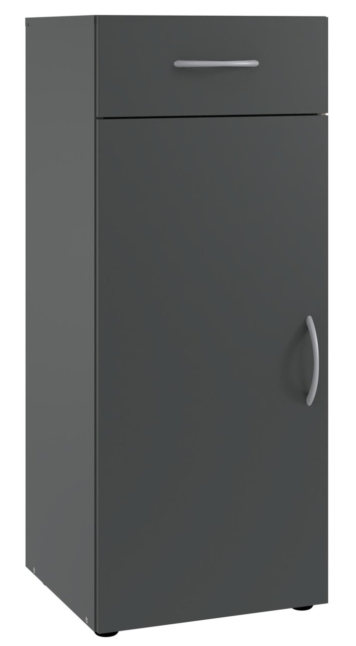 Graue Kommode mit einer Schublade und einer Tür, seitliche Perspektive