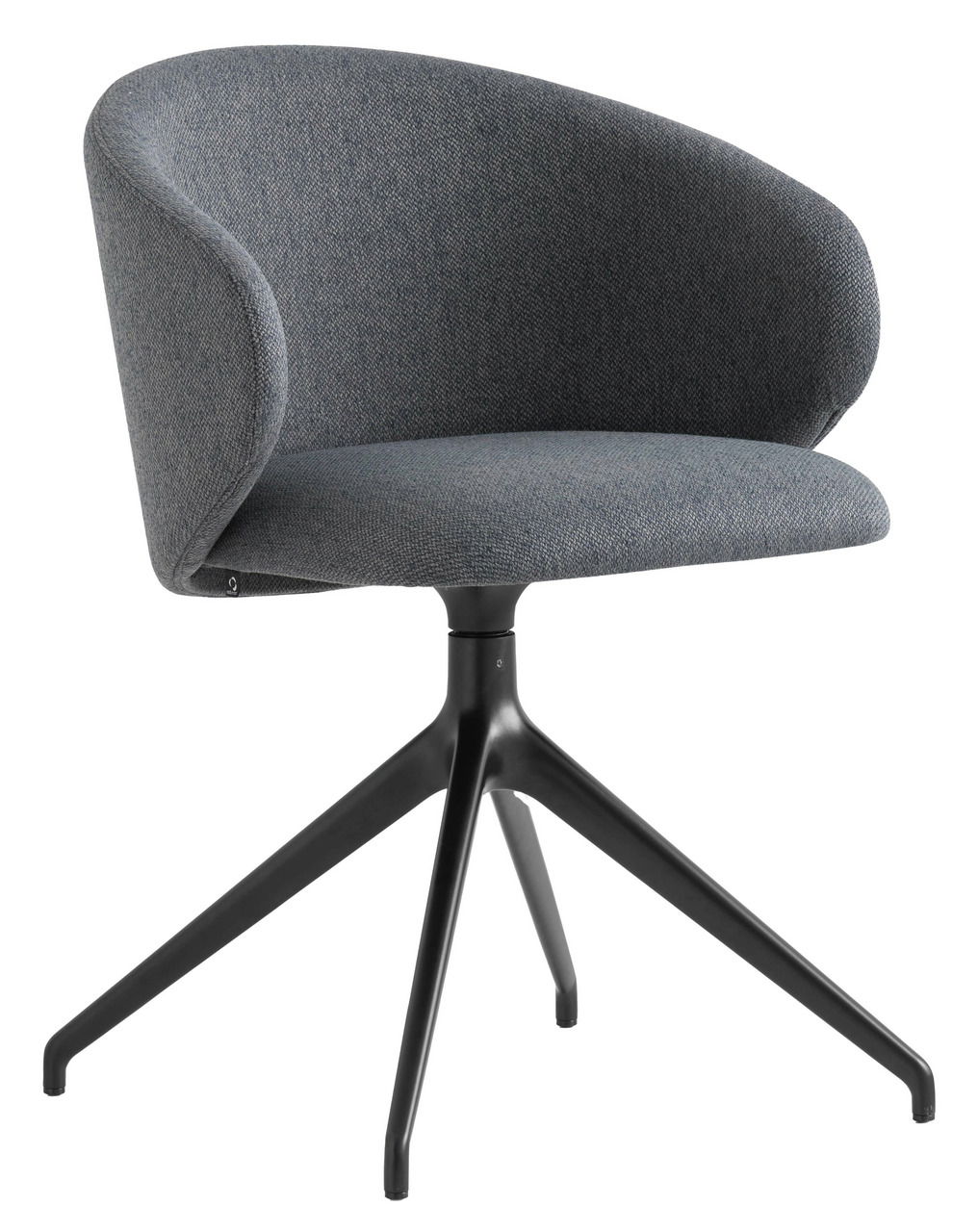 Moderner grauer Stuhl mit gepolsterter Sitzfläche und Rückenlehne, schwarzes Metallgestell, seitliche Perspektive