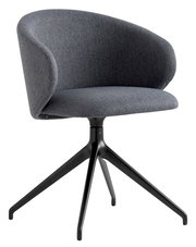 Moderner grauer Stuhl mit gepolsterter Sitzfläche und Rückenlehne, schwarzes Metallgestell, seitliche Perspektive