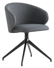 Moderner grauer Stuhl mit gepolsterter Sitzfläche und Rückenlehne, schwarzes Metallgestell, seitliche Perspektive