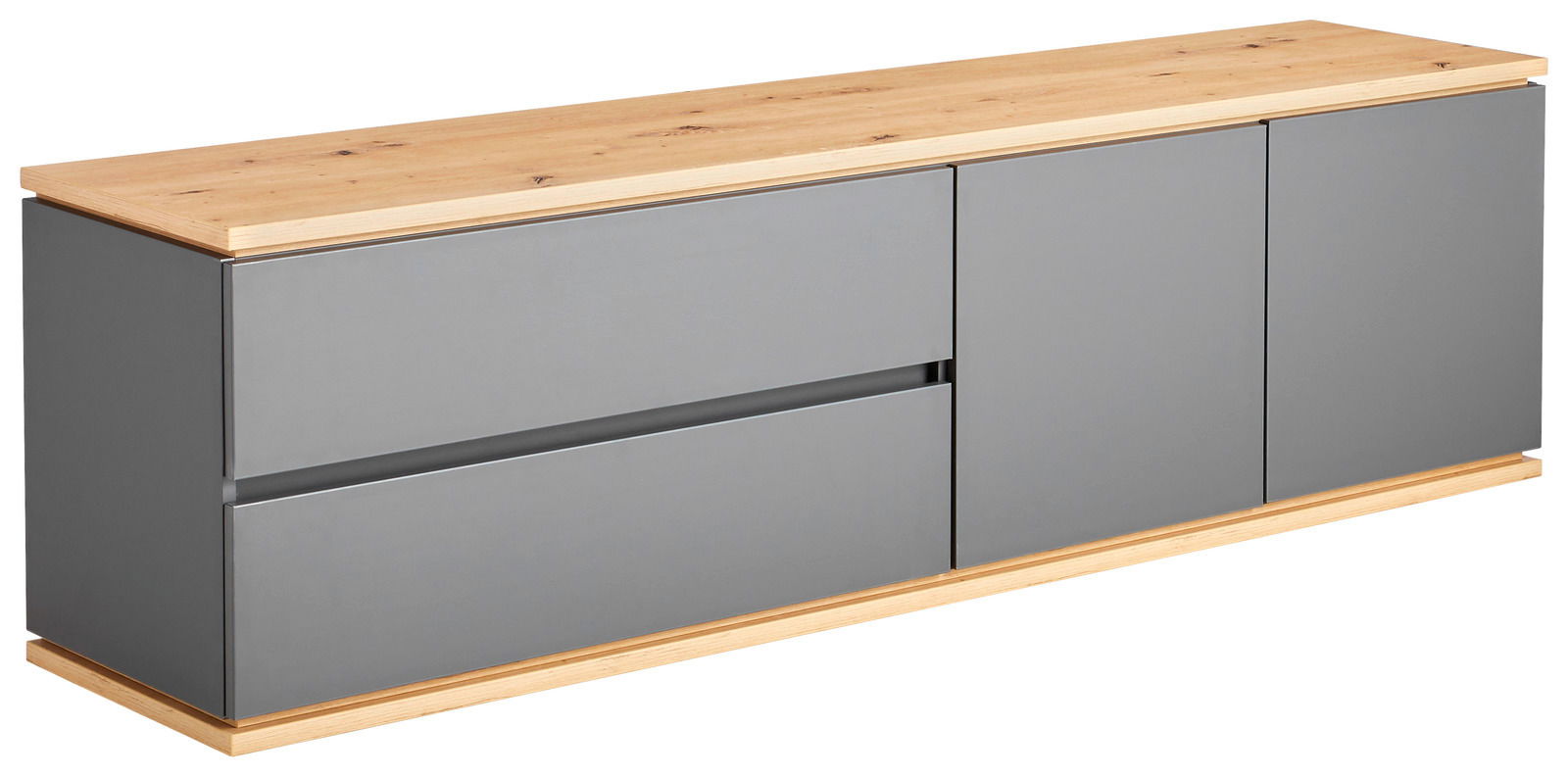 TV-Lowboard mit grauen Fronten und Holzoberfläche, seitliche Perspektive