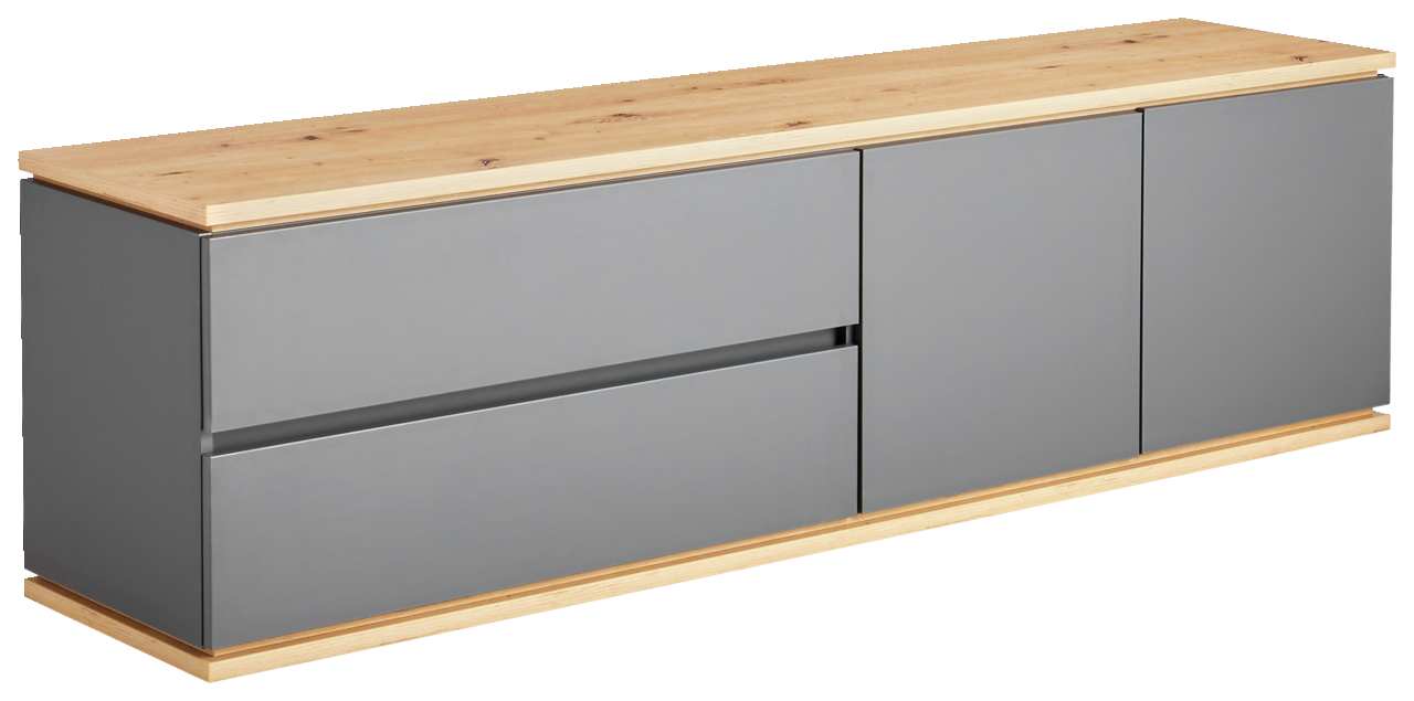 XORA TV-Lowboard YAMAEL TV-Lowboard mit grauen Fronten und Holzoberfläche, seitliche Perspektive