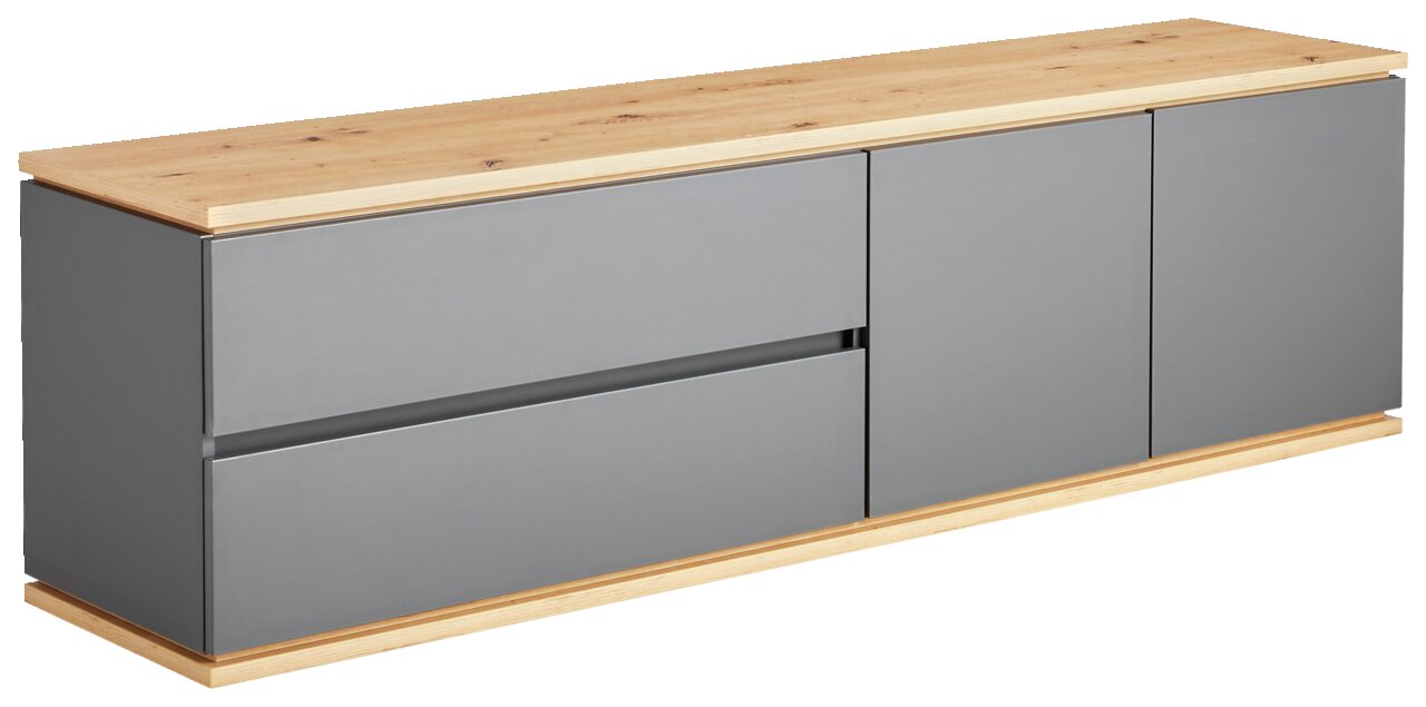 XORA TV-Lowboard YAMAEL TV-Lowboard mit grauen Fronten und Holzoberfläche, seitliche Perspektive