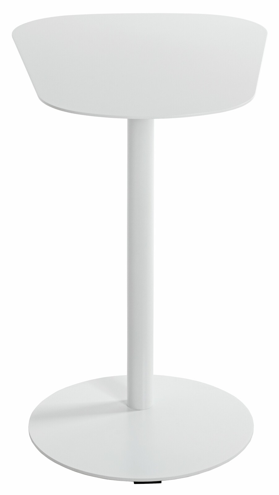 Moderner weißer Beistelltisch mit runder Tischplatte und stabilem Standfuß, seitliche Perspektive