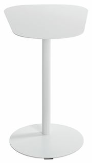 Moderner weißer Beistelltisch mit runder Tischplatte und stabilem Standfuß, seitliche Perspektive