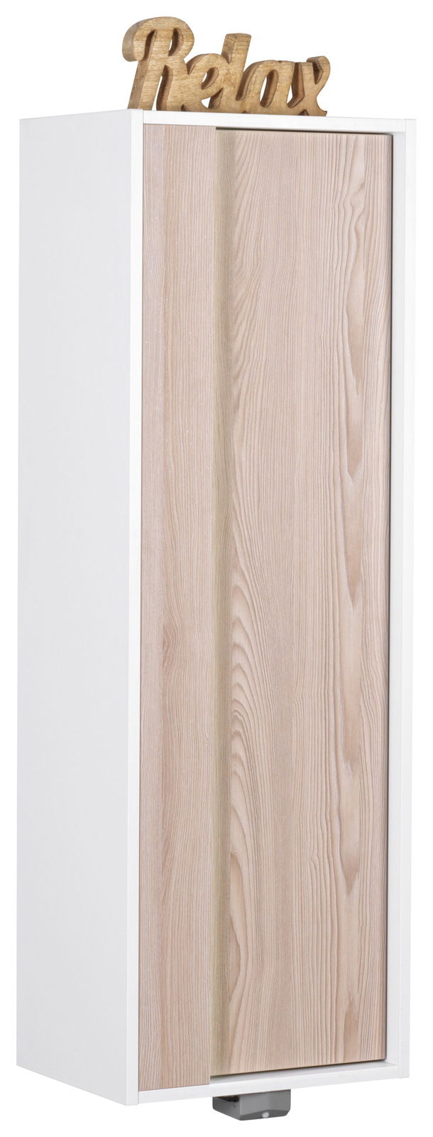 Voleo Midischrank FREYA Midischrank in Holzoptik mit weißem Rahmen, frontal abgebildet, mit dekorativem Schriftzug 'Relax' auf der Oberseite.