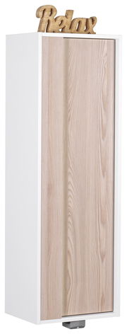 Midischrank in Holzoptik mit weißem Rahmen, frontal abgebildet, mit dekorativem Schriftzug 'Relax' auf der Oberseite.