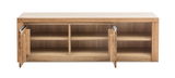 TV-Lowboard aus Holz mit zwei offenen Türen, frontal fotografiert.