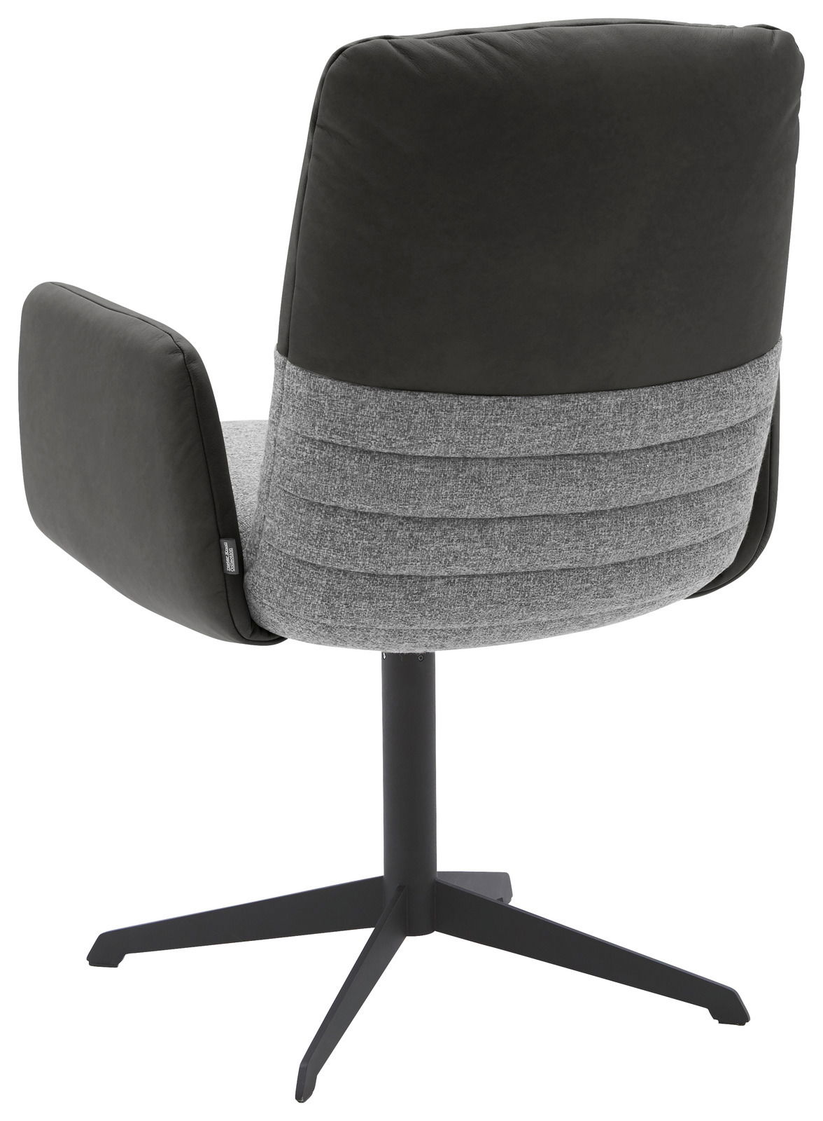 Rückansicht eines modernen Armlehnstuhls mit schwarzem und grauem Stoffbezug, auf einem schwarzen Metallfuß.
