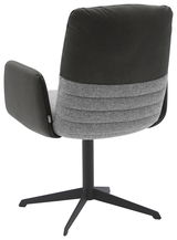 Rückansicht eines modernen Armlehnstuhls mit schwarzem und grauem Stoffbezug, auf einem schwarzen Metallfuß.