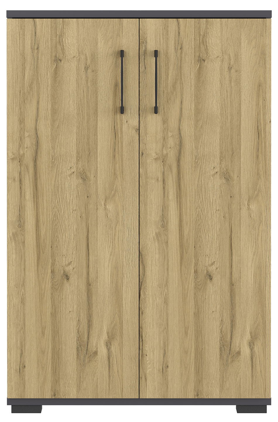 Aktenschrank aus Holz mit zwei Türen und schwarzen Griffen, Frontalansicht