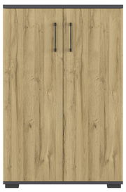 Aktenschrank aus Holz mit zwei Türen und schwarzen Griffen, Frontalansicht