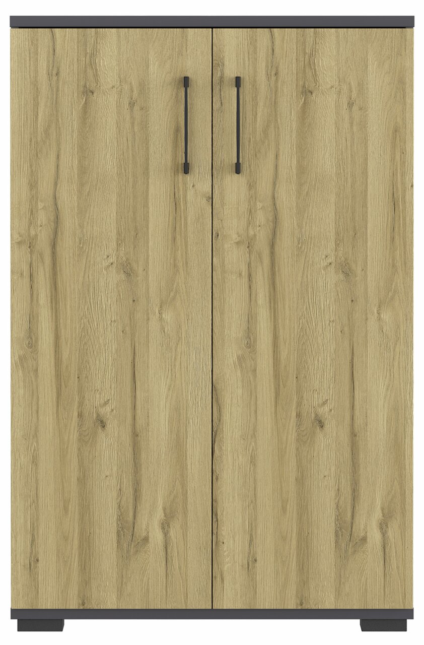 Aktenschrank aus Holz mit zwei Türen und schwarzen Griffen, Frontalansicht