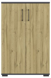 Aktenschrank aus Holz mit zwei Türen und schwarzen Griffen, Frontalansicht