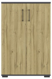 Aktenschrank aus Holz mit zwei Türen und schwarzen Griffen, Frontalansicht