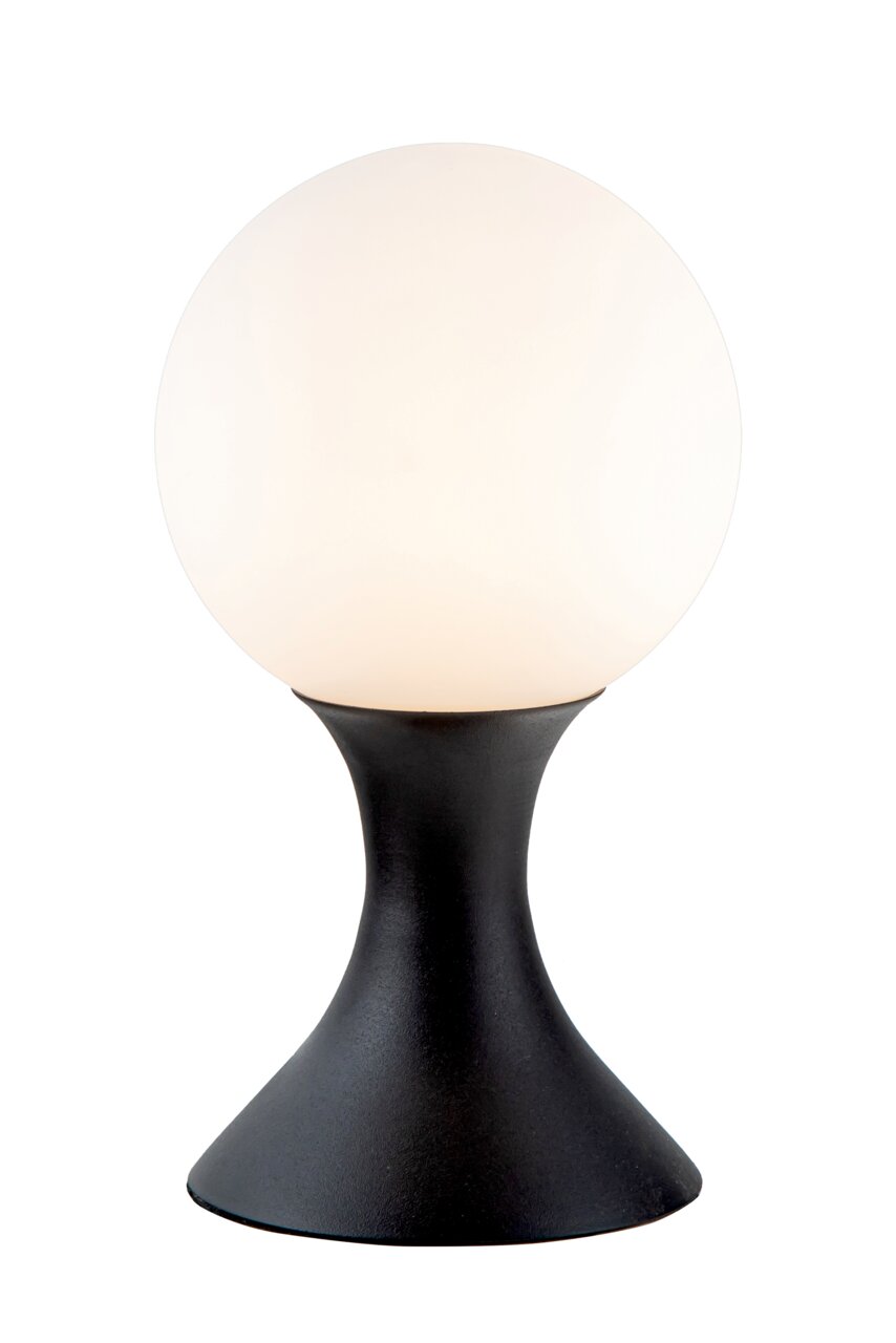 Lucide Tischleuchte MOYA Moderne Tischleuchte mit kugelförmigem, weißem Lampenschirm und schwarzem, geschwungenem Sockel, frontal betrachtet.