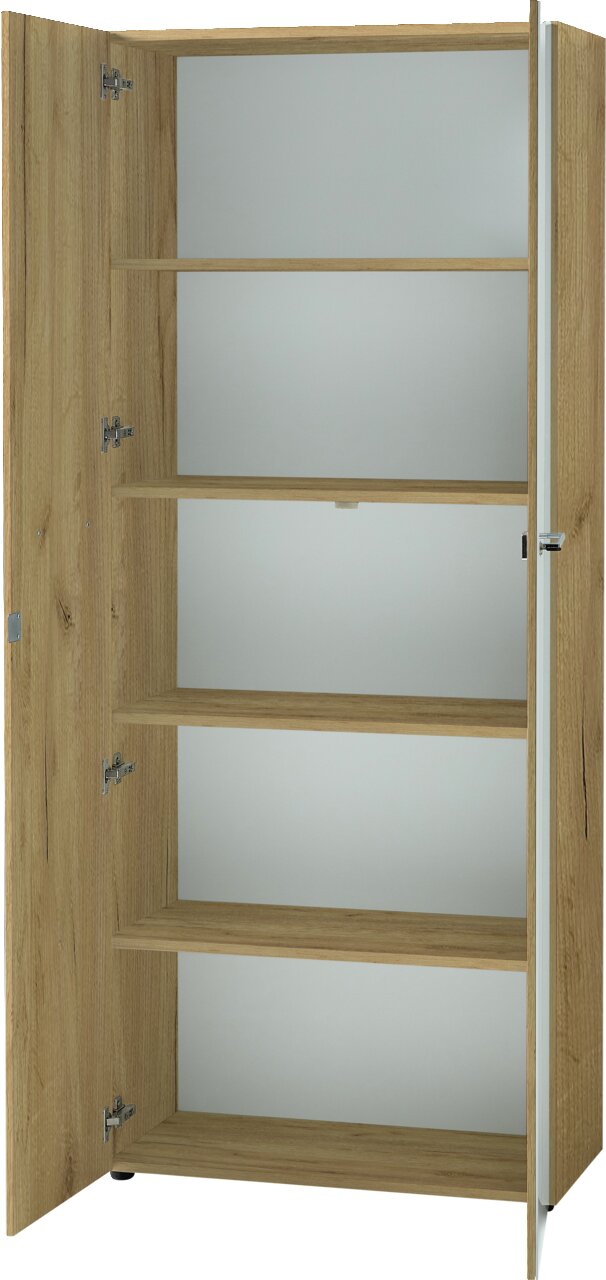 Offener Aktenschrank der Serie MONTERIA von XORA mit Holztüren und mehreren Regalböden, seitliche Perspektive
