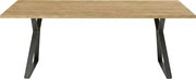 Moderner Esstisch mit Holzplatte und schwarzen Metallbeinen, seitliche Perspektive.