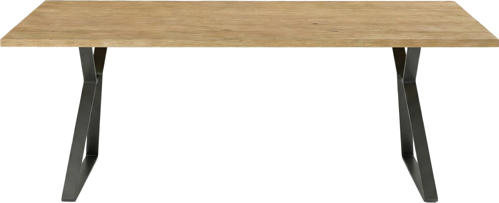 Moderne eettafel met houten blad en zwarte metalen poten, zijaanzicht.