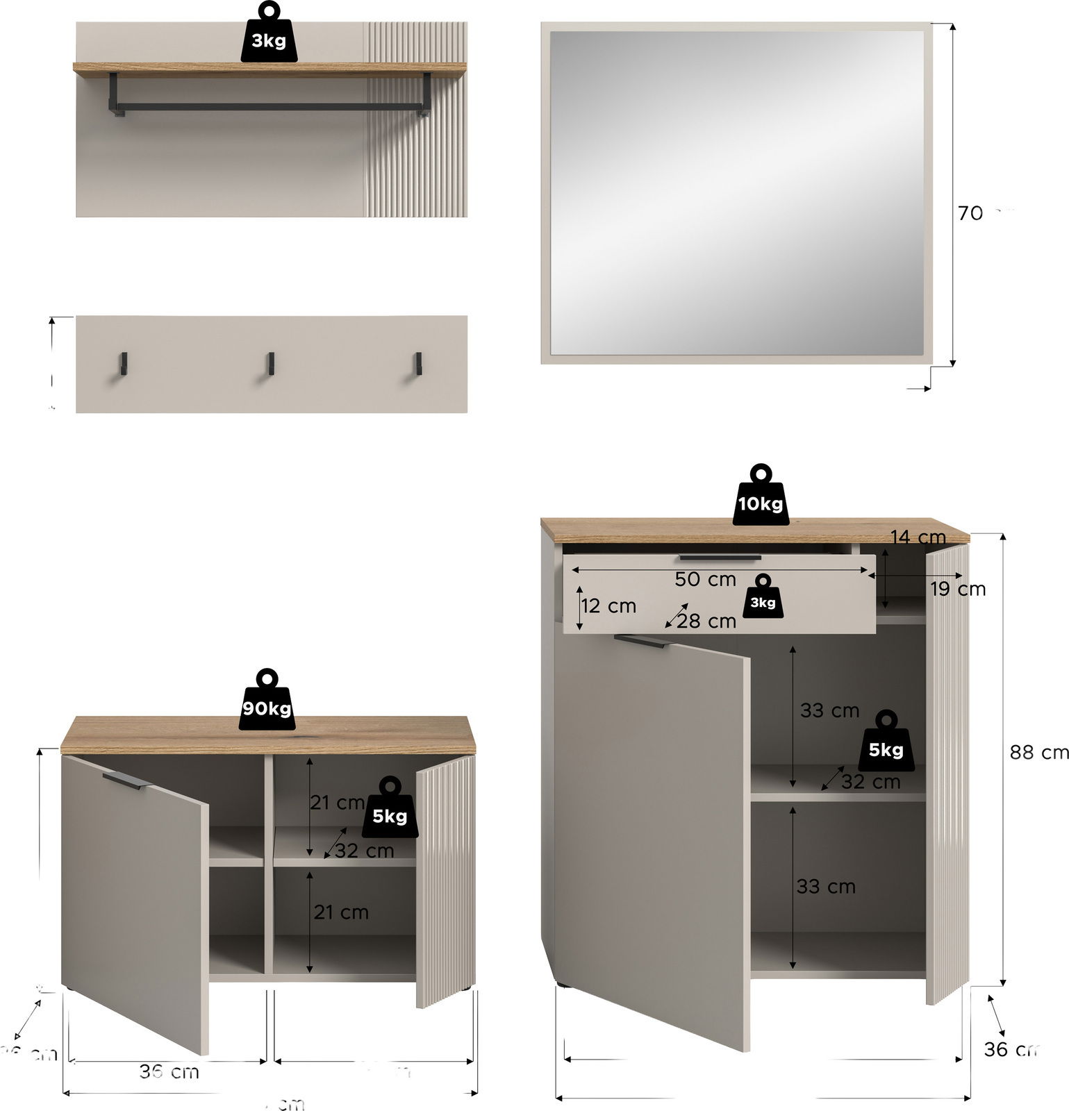 Garderobenkombination bestehend aus einem Spiegel, einer Wandgarderobe mit Haken, einem Wandregal mit Kleiderstange und zwei Schränken mit Türen und Schubladen. Perspektive: Frontalansicht.