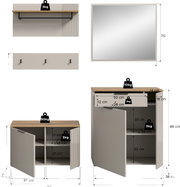 Garderobenkombination bestehend aus einem Spiegel, einer Wandgarderobe mit Haken, einem Wandregal mit Kleiderstange und zwei Schränken mit Türen und Schubladen. Perspektive: Frontalansicht.