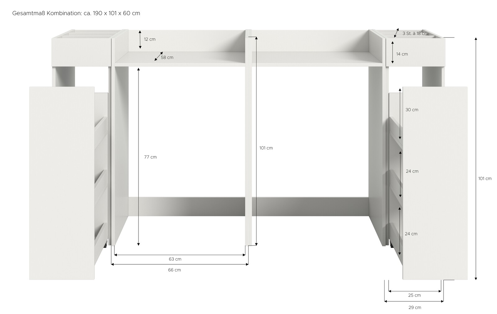 Frontale Ansicht eines weißen Waschmaschinenumbausets mit mehreren Fächern und Schubladen, Gesamtmaße ca. 190 x 101 x 60 cm.