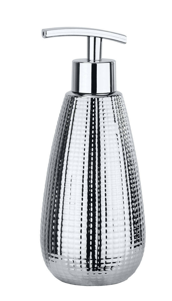 Keramik Seifenspender Dakar in silberner, strukturierter Optik, frontal abgebildet.