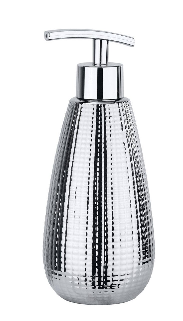 Keramik Seifenspender Dakar in silberner, strukturierter Optik, frontal abgebildet.