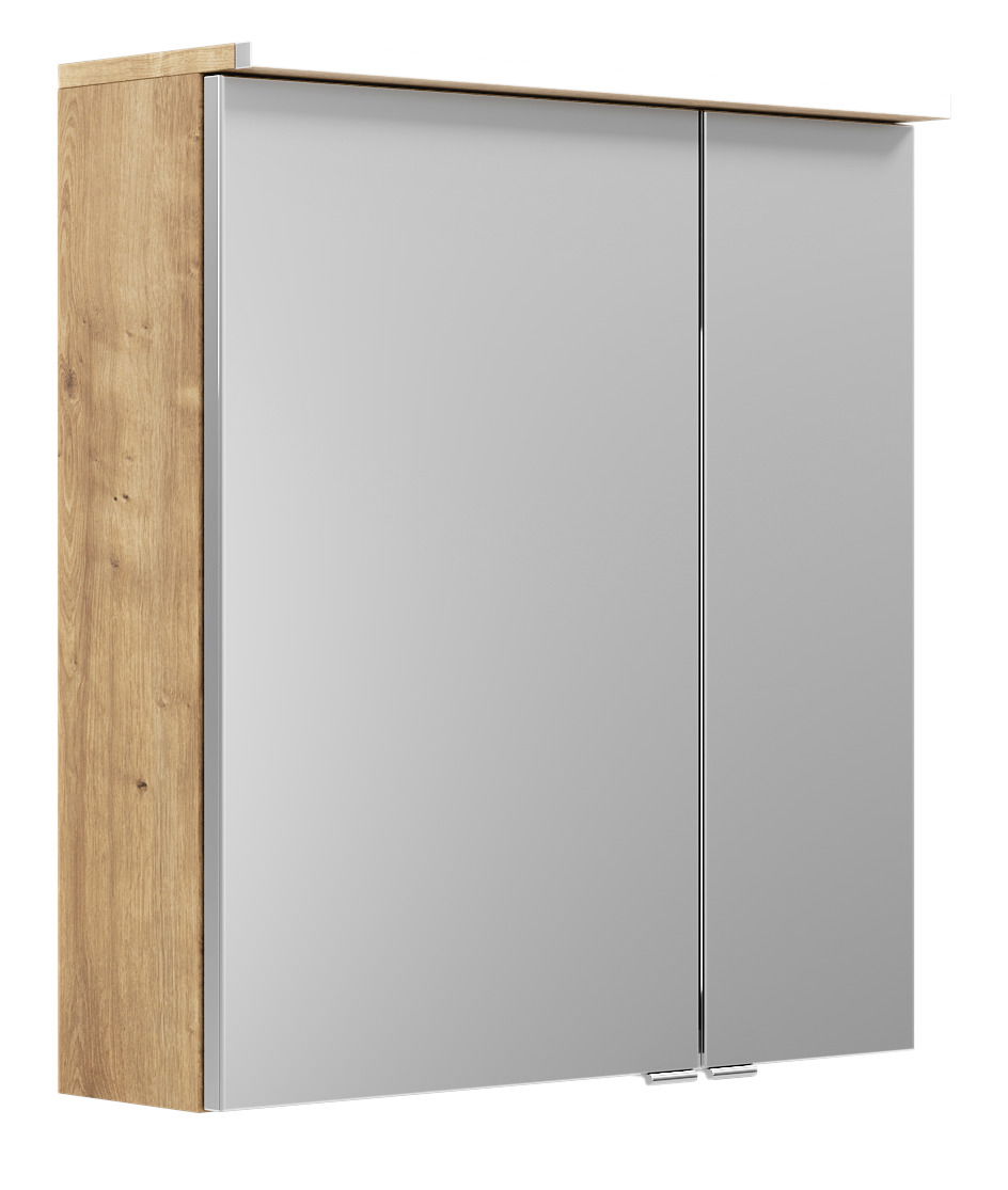 Spiegelschrank mit Holzseitenansicht, zwei Türen, seitliche Perspektive