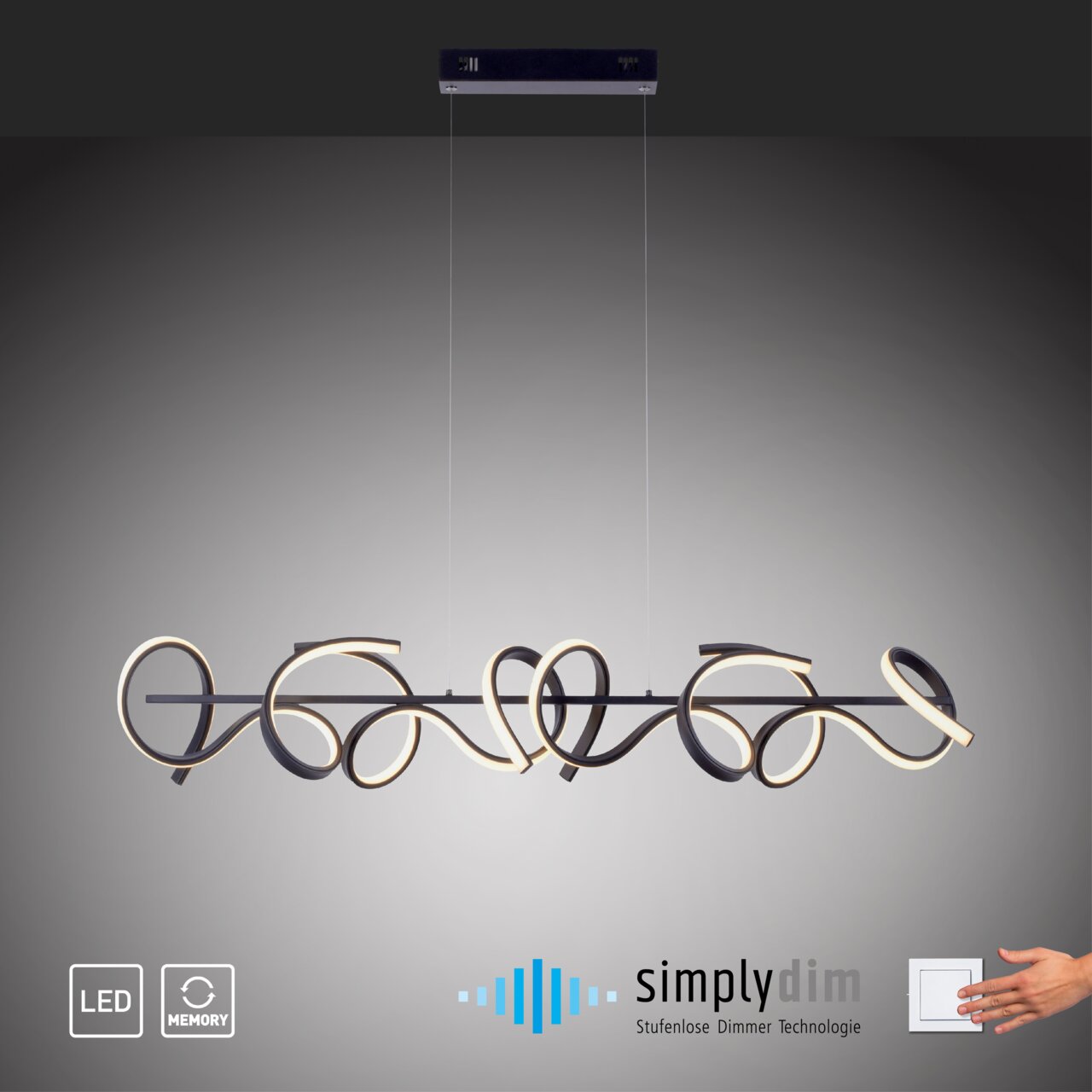 Moderne hanglamp CURLS met gebogen ontwerp, ledverlichting en traploze dimmetechnologie, zijaanzicht.
