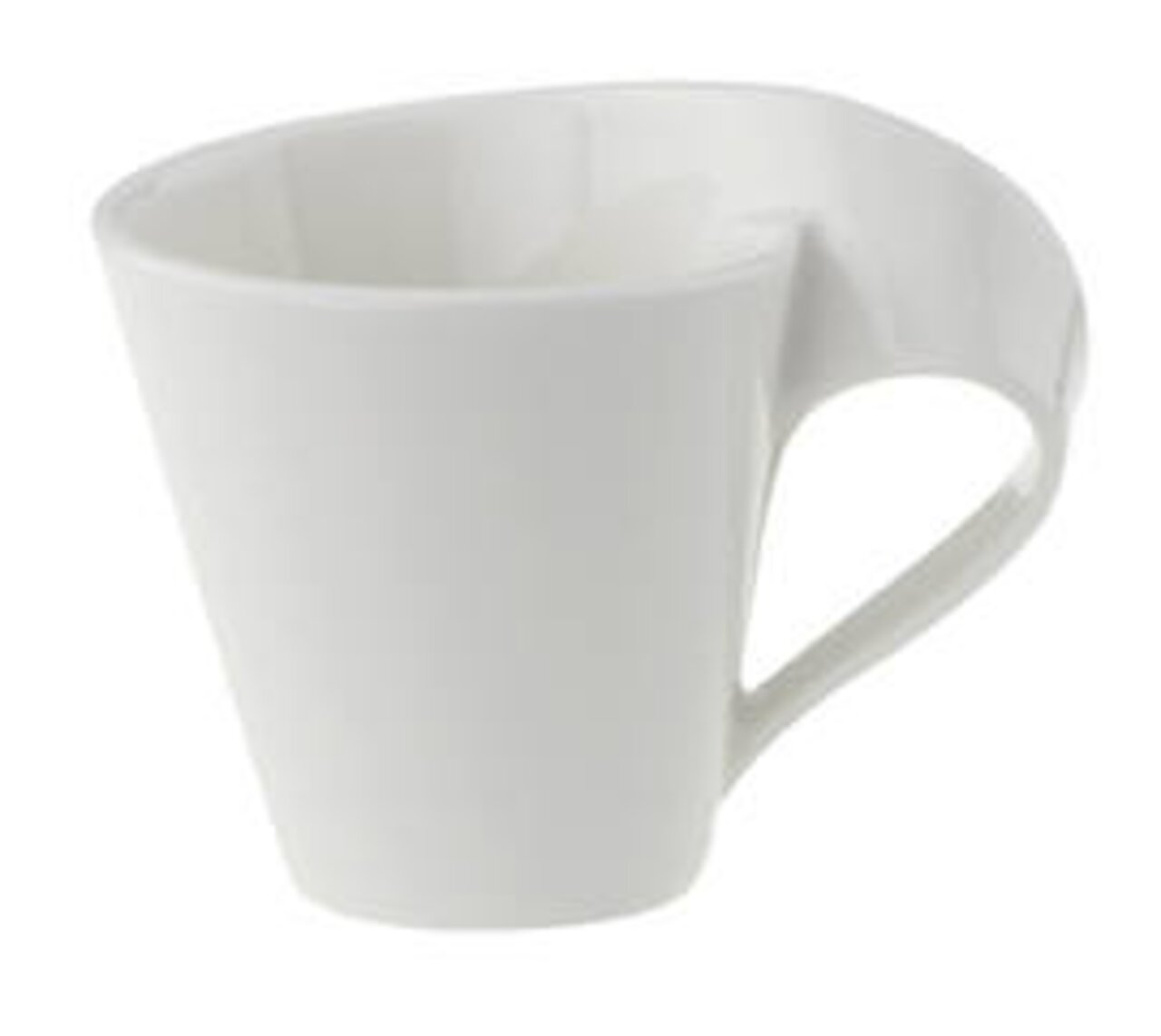 Weiße Espressotasse aus der NewWave Kollektion, seitliche Perspektive mit geschwungenem Henkel.