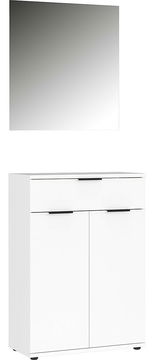 Weißes Garderoben-Set mit Spiegel und Schrank, frontale Ansicht
