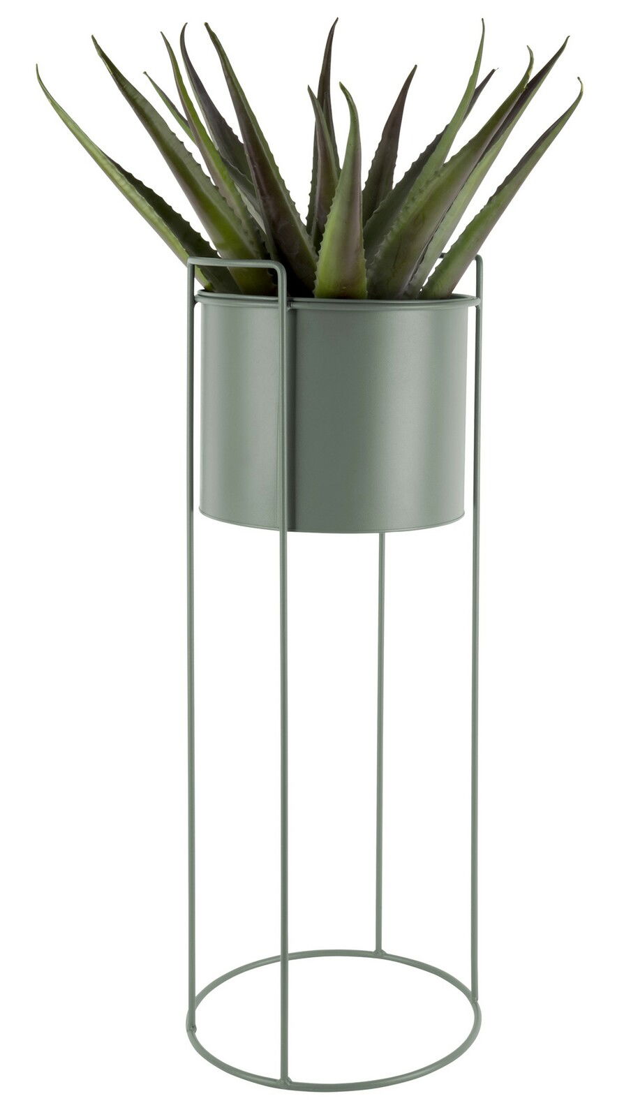 Modernes Pflanzgefäß in einem hohen, schlanken Metallständer mit grüner Pflanze, seitliche Perspektive