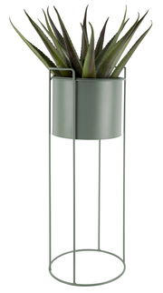 Modernes Pflanzgefäß in einem hohen, schlanken Metallständer mit grüner Pflanze, seitliche Perspektive