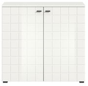 Weiße Kommode mit quadratischem Muster und zwei Türen, Frontalansicht