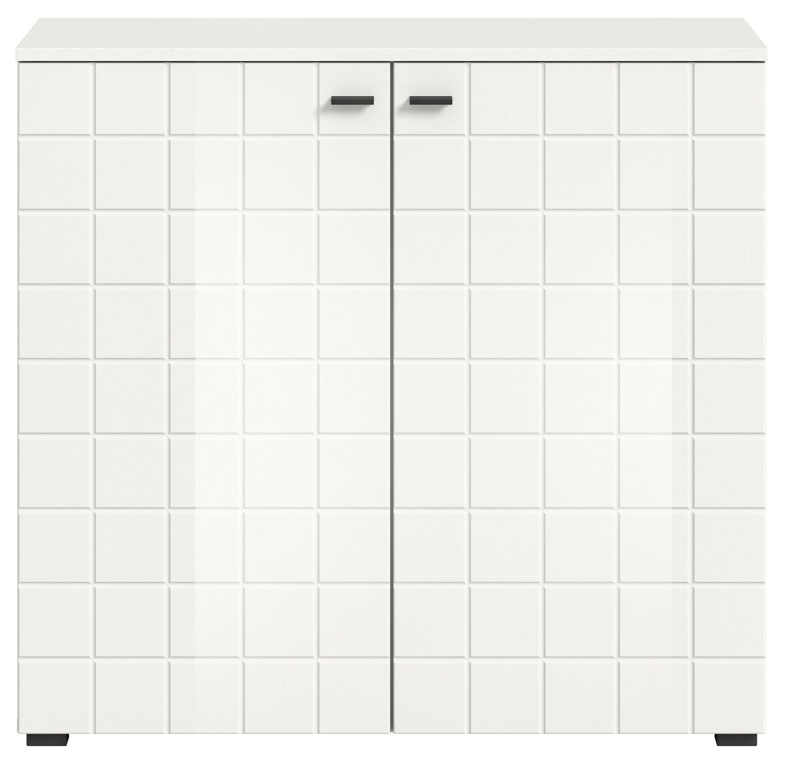 Weiße Kommode mit quadratischem Muster und zwei Türen, Frontalansicht