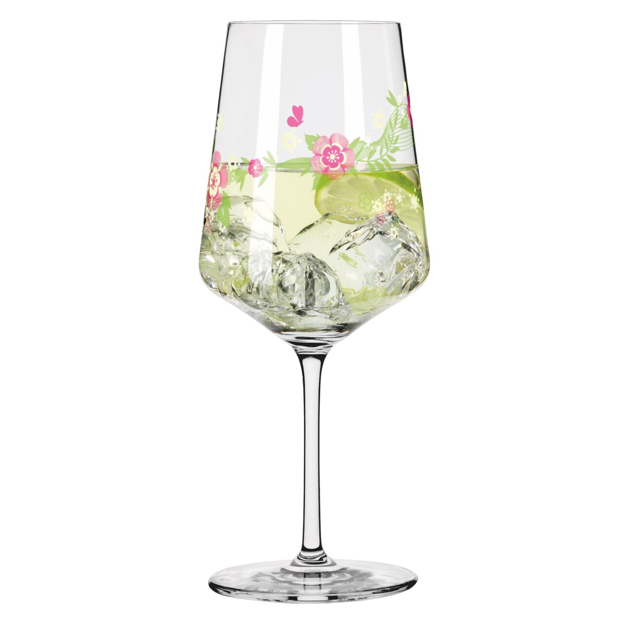 Wijnglas met bloemmotief, gevuld met ijsblokjes en een drankje, zijaanzicht