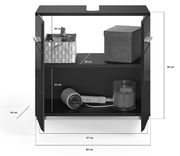 Badezimmerschrank mit zwei offenen Türen, zeigt Innenfächer mit Aufbewahrungskorb, Box und Föhn. Frontale Perspektive.