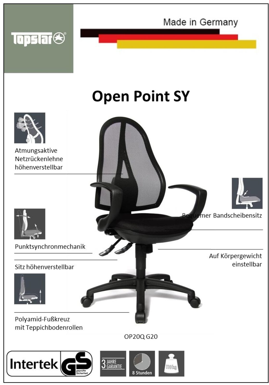 Bureaustoel met ademende rugleuning van gaas, in hoogte verstelbaar, punt-synchroonmechanisme, comfortabele zitting die de tussenwervelschijven ontlast, instelbaar op lichaamsgewicht, voetkruis van polyamide met tapijtwielen, zijaanzicht
