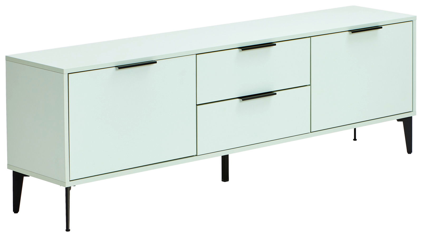 TV-Lowboard in hellem Mintgrün mit schwarzen Griffen und Beinen, seitliche Perspektive