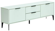 TV-Lowboard in hellem Mintgrün mit schwarzen Griffen und Beinen, seitliche Perspektive